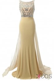 Beauty Mermaid Champagne Long Beaded Prom Party Dresses OK4