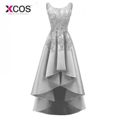 XCOS New Banquet Elegant Grey Satin Evening Dress High low Short Front Long Back Lace Appliques Formal Party Gown Custom