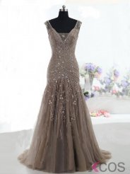 Elegant A-Line V-Neck Floor Length Brown Prom Dress/Evening Dress with Beading