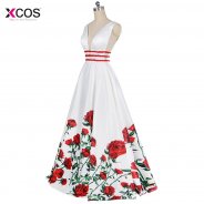 Printed Floral Satin Evening Dresses Long V-Neck Beading Prom Dress Floor Length A Line Formal Special Occasion Party Gown