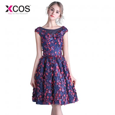 XCOS Navy Blue Short Prom Dresses Flowers Cap Sleeves 2018 vestido de baile Open Back Women Formal Evening Dress Lace-up