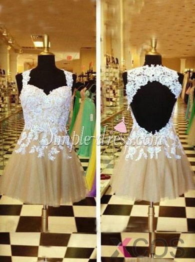 Simple-dress 2015 Fashion A-line Sweetheart Mini Tulle Appliques Homecoming Dress/Cocktail Dress/Party Dress TUHD-81155