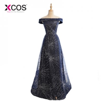 XCOS Starry Off the Shoulder Bling Prom Dresses Navy Blue Prom Gowns Long 2018 New Arrival Evening Dress Beads