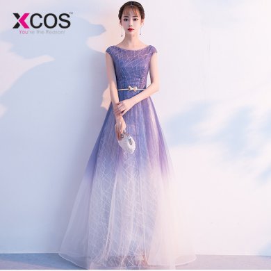 XCOS Summer Ombre Prom Dresses 2018 vestidos de gala Women Formal Dress A Line Cap Sleeve Evening Gowns with Belt