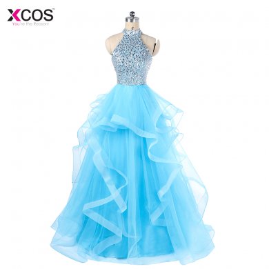 Elegant Blue Long Prom Dresses 2018 New Tulle Beaded Princess Ball Gown Simple Evening Dress Vestido De Festa