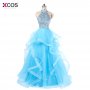 Elegant Blue Long Prom Dresses 2018 New Tulle Beaded Princess Ball Gown Simple Evening Dress Vestido De Festa