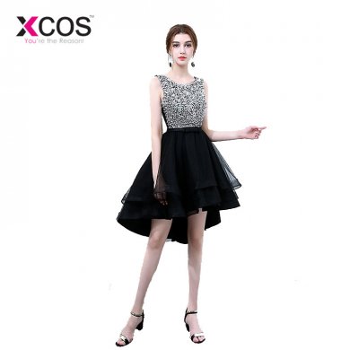 XCOS High Low Black Prom Dresses 2018 Beads Bodice Elegant Shoulder Straps Sleeveless Short Prom Dresses vestido formatura