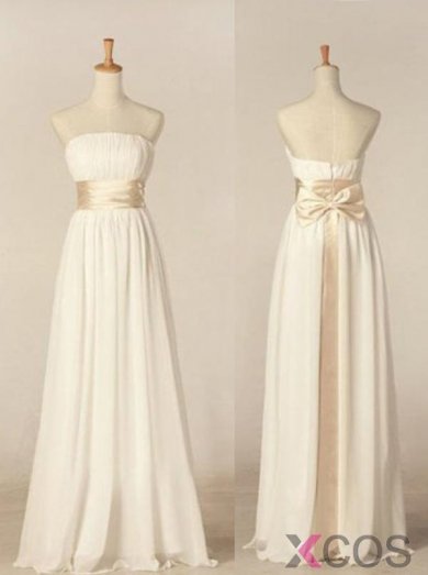 2015 Elegant A-line Strapless Floor Length Ribbon Chiffon Bridesmaid Dress CHBD-7241