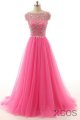 Hot Pink Beaded Long Zipper Modest Evening Prom Dresses ED0958