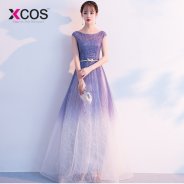 XCOS Summer Ombre Prom Dresses 2018 vestidos de gala Women Formal Dress A Line Cap Sleeve Evening Gowns with Belt