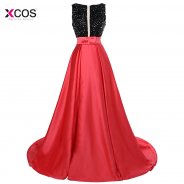 Two Tone Long Beadings Prom Dresses 2018 Backless A-Line Formal Black Crystal Evening Gown Vestido Formatura