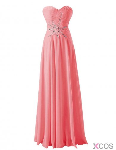 Sexy A-line Floor-length Sweetheart Pink Chiffon Prom Dress With Rhinestones