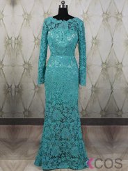 Elegant Mermaid Prom Dress - Long Sleeves Green Lace Backless