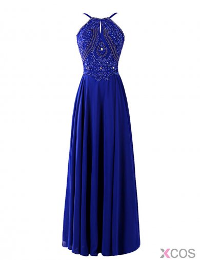 Elegant Spaghetti A-line Chiffon Long Royal Blue Prom/Evening Dress