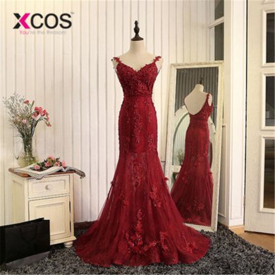 XCOS Burgundy Robe De Soiree 2018 Mermaid V-neck Tulle Appliques Lace See Through Sexy Long Prom Dresses Prom Gown Evening Dress