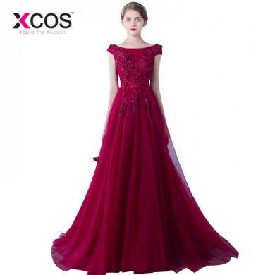 XCOS Elegant vestido long Appliques Beads Long A-line Vestido Cap Sleeve Tulle Wine Red Prom Dress Women Formal Evening Dresses