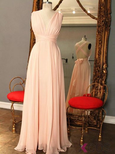 Elegant A-Line V-Neck Floor Length Pink Bridesmaid Dress with Bowknot