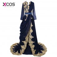 XCOS 2018 Real Picture Navy Blue Abaya Dubai Moroccan Kaftan Prom Dress Embroidery Long Sleeve Hijab Muslim Evening Dress SA807