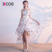 XCOS Strapless Pleat Lace Up High-low Asymmetry Vintage Elegant Flowers Taffeta Prom Gown Dancing Party Prom Dresses