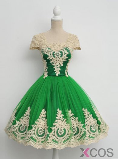 1950s Vintage dress Prom Dress -Ball Gown Scoop Cap Sleeves with Appliques