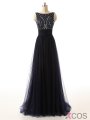 Simple Dress Elegant Beading Scoop Open-back Ribbon Black Long Tulle Prom Dresses, Evening Dresses TUPD-7120