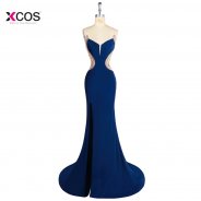 Side Split Long Mermaid Evening Dress 2018 Scalloped Sleeveless Crystal Beaded Club Party Jersey Backless Prom Gown