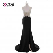 XCOS Sexy Mermaid Black Prom Dress 2018 Long V Neck Beaded Backless vestidos de fiesta Formal Evening Gown Party Pageant Dresses