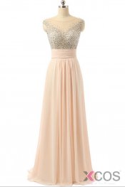 Cap Sleeves Chiffon Empire Waist Beaded Long Prom Dresses ED0960