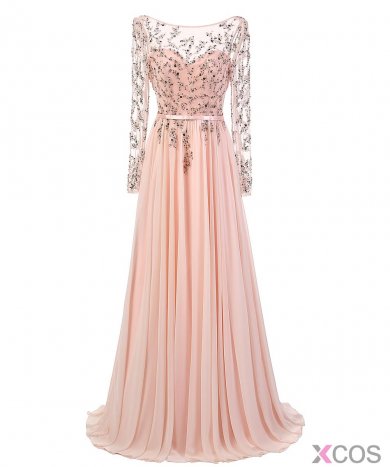 Elegant A-Line Boat Neck Long Sleeves Beading Pink Chiffon Evening Party Dress