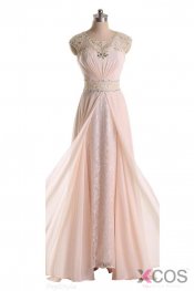 Pink Cap Sleeves Lace Long Beaded Chiffon Prom Dresses