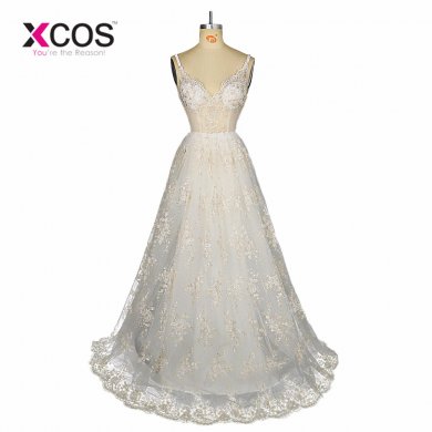 XCOS Sexy Beach Lace Wedding Dress White Ivory V Neck Backless A Line Cap Sleeve Appliques Real Photos Bridal Gown 2018