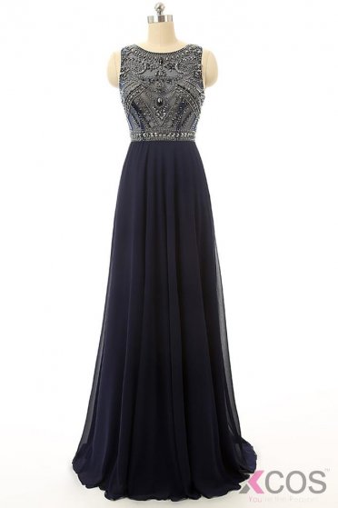 Cheap Prom Dress Navy Blue Beaded Long Graduation Dresses ED0849