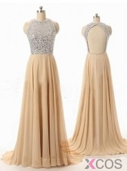 Simple Dress Sparkle Scoop A-line Open-back Long Chiffon Prom /Evening Dress