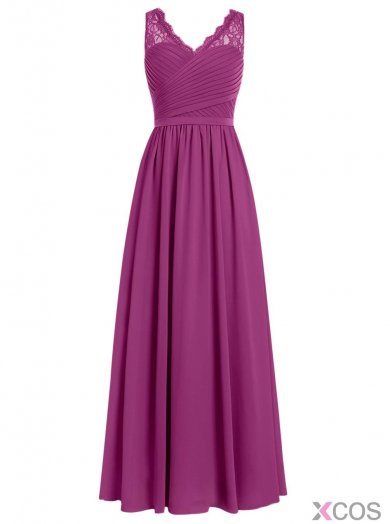 A-line V-neck Chiffon Long Sleeveless Grape Prom/Evening Dress With Lace