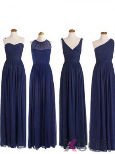 Simple Dress Elegant A-line Floor Length Chiffon Royal Blue Bridesmaid/Prom Dress With Ruched