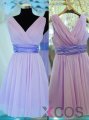 Sexy V-neck Chiffon Short Sleeveless Lavender Bridesmaid Dress With Sash