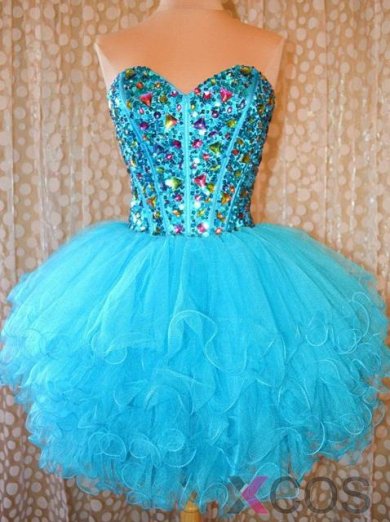 Simple-dress Handmade Strapless Crystal Short Tulle Blue Homecoming Dresses/Sweet 16 Dress/Cocktail Dress TUPD-7418