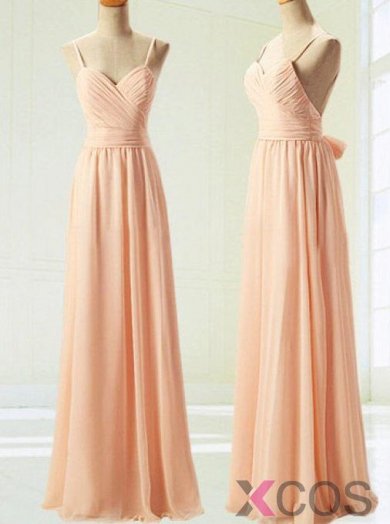 Simple Dress Elegant Spaghetti Sweetheart Long Peach Chiffon Ribbon Prom/Bridesmaid Dress