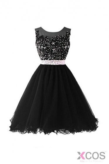 Black Beaded Cap Sleeves Lace Homecoming Cocktail Dresses ED0680