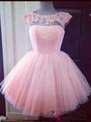 Simple Dress Elegant Ball-gowns Beading Scoop Pink Short Tulle Prom Dresses/Homecoming Dresses TUPD-7123