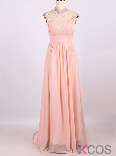 Simple Dress Hot-selling A-line High-neck Long Chiffon Prom Dresses/Graduation Dresses CHPD-7035