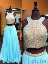 Two-piece Prom Dress - Blue Halter Floor-Length Pearls