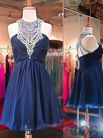 A-line Halter Beading Homecoming Dress-Chiffon Riyal Blue Mini Sleeveless Dress CHHD-70924