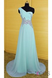 One Shoulder Light Sky Blue Long Beaded Chiffon Prom Dresses OK10