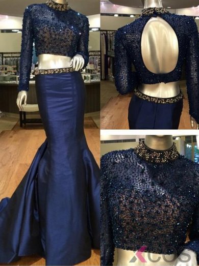 Two-pieces Mermaid Long Prom Dress - Long Sleeves Beading Open Back