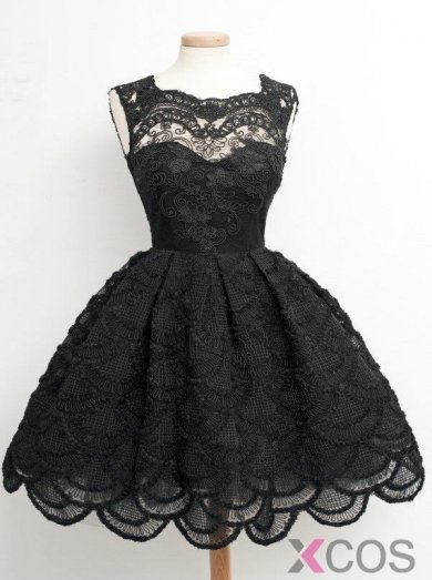 A-line Black Lace Scoop Neck Appliques Sleeveless Knee-length Homecoming Dress LAHD-70943