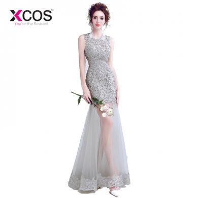 XCOS Elegant Grey Mermaid Prom Dresses Lace Dress Sexy Women Appliques Beading Long Evening Gowns gala jurken