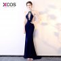 XCOS Hot Burgundy Velvet Royal Blue Long Prom Dresses 2018 Beaded High Collar Floor Length Women Formal Evening Party Gown