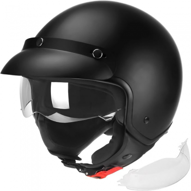 YIYYA 3/4 Matte Black Open Face Motorcycle Helmet with Visor