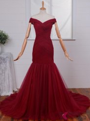 Off-shoulder Ruched Mermaid Prom dress-Dark Red Tulle Long Prom Dress